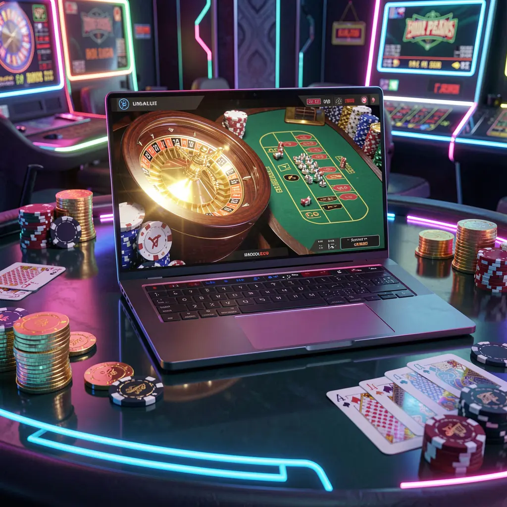 Sleek laptop displaying a vibrant online roulette wheel surrounded by golden coins and casino chips representing the premium GGRK online casino experience in Indonesia
