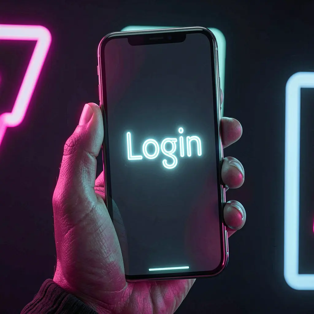 Close up of a hand holding a smartphone with a bright login screen showing secure access to the GGRK casino platform in Indonesia
