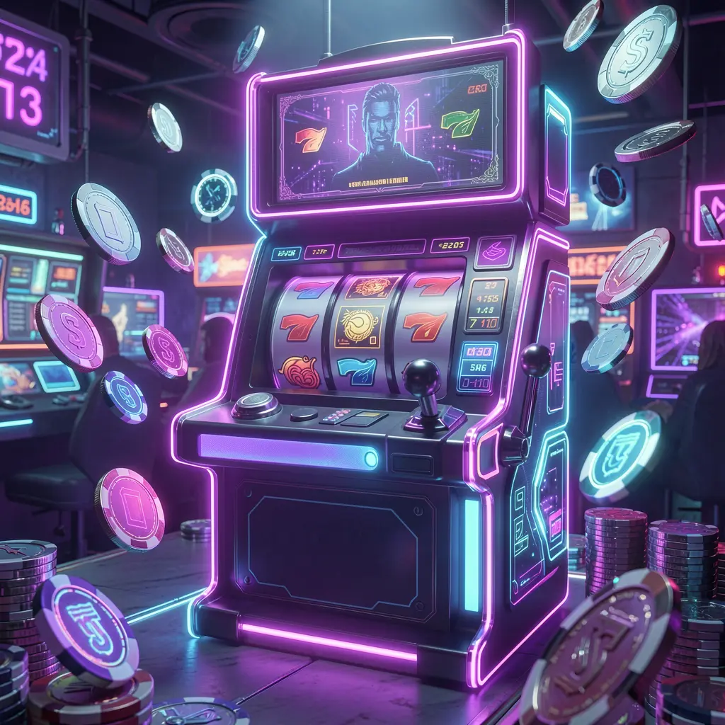 Futuristic slot machine with glowing reels and flying golden coins in a neon casino atmosphere representing high energy slot gaming at GGRK Indonesia